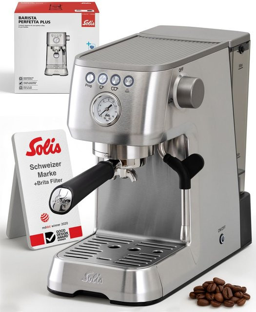 Solis Barista Perfetta Plus Typ 1170 v2 Siebträgermaschine aus Edelstahl in Silber Schwarz Rot mit Dampflanze und 1,7 Liter Wassertank - Bild 1
