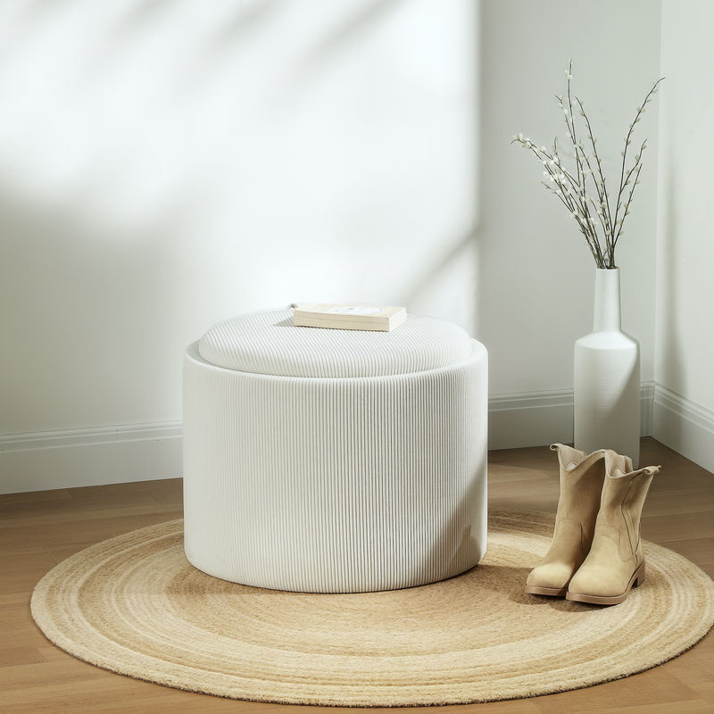 HOMCOM Sitzhocker mit Stauraum und Deckel in Cremeweiß mit Cord-Optik, runder Polsterhocker, B/T/H: 56 x 56 x 42 cm - Bild 2