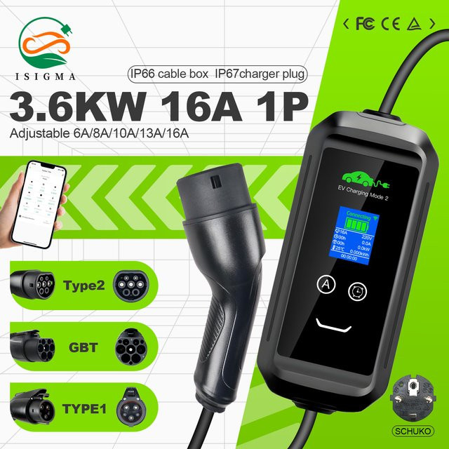 ISIGMA Tragbares EV Ladegerät 3,6 kW mit Typ 1, Typ 2 und GBT Stecker, 16A, Schwarz, mit WIFI App und Bluetooth Steuerung, 5m Kabel - Bild 1