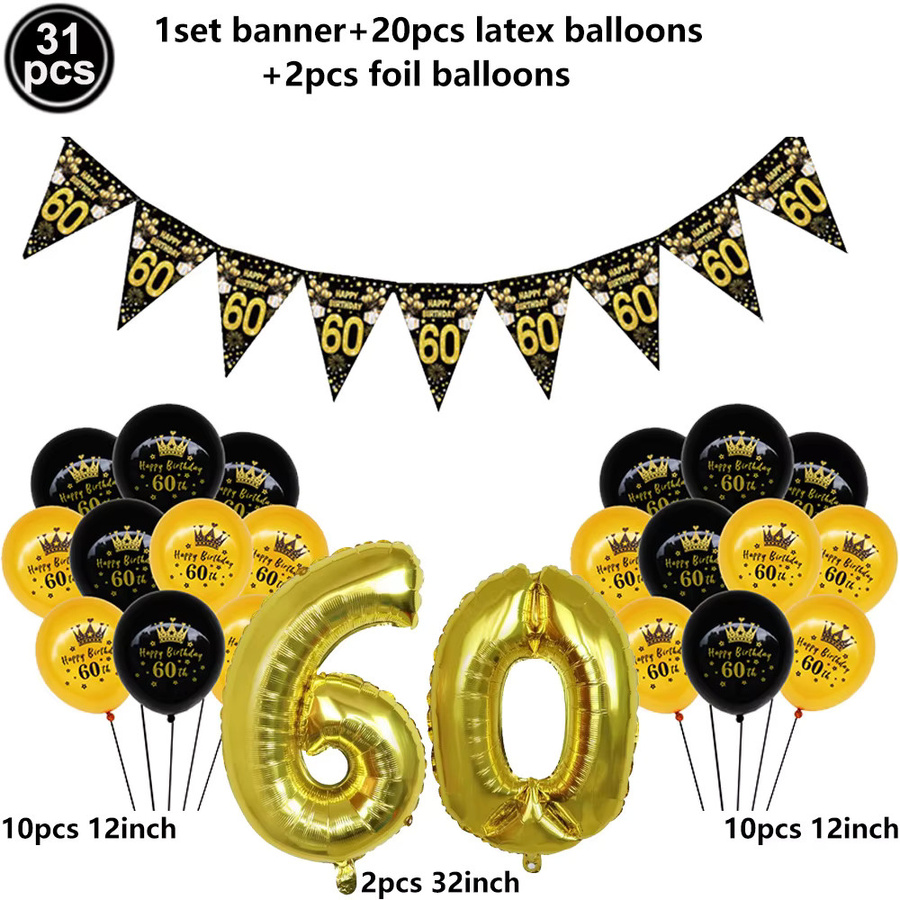 60. Geburtstag Party Set in Schwarz und Gold mit Ballons und dreieckigen Wimpelketten für Männer und Frauen - Bild 3
