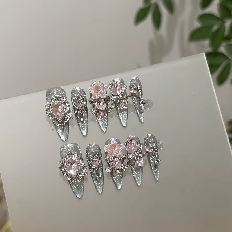 Stylebon Press-on-Nägel, 10 Stück, transparent, schwarz, silber, Cat-Eye-Effekt, rosa Diamant, lang, spitz - Bild 2