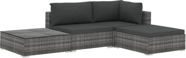 vidaXL 4-tlg Garten-Lounge-Set aus Poly Rattan in Grau mit Auflagen und Ottoman für Terrasse und Garten - Bild 1