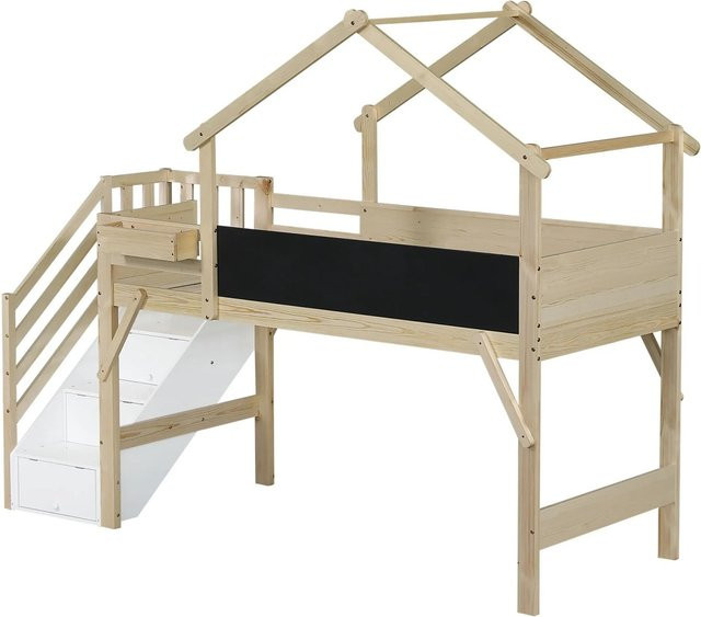KOMHTOM Etagenbett für Kinder mit Treppe und Schließfächern, Weiß und Natur, mit Fallschutz Gitter und bemalbarer Tafel, B/T/H: 90 x 200 x 170 cm (ca.) - Bild 1