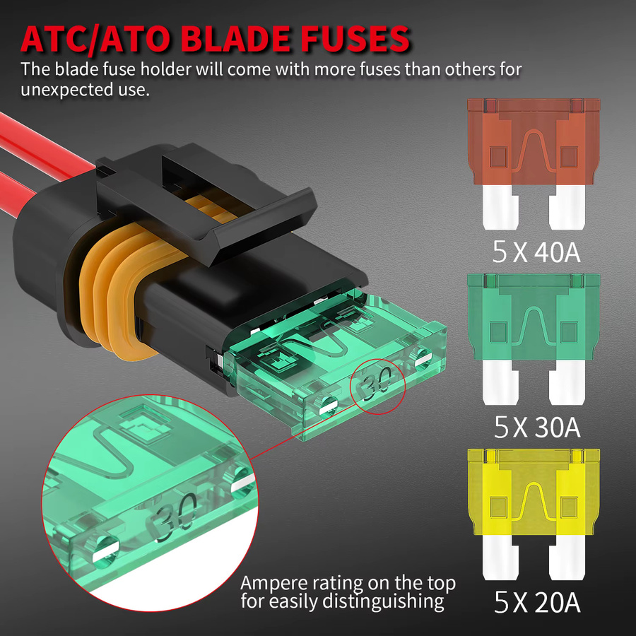 DaierTek 5er Set Inline-Sicherungshalter für Auto, 12V, 12 Gauge, wasserdicht, ATC/ATO-Flachsicherungshalter, Farbe: Schwarz - Bild 2