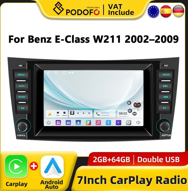 Podofo 7 Zoll CarPlay Android Radio für Benz E-Klasse W211 W219 2002-2009 mit GPS und Multimedia-Funktionen in Schwarz - Bild 1