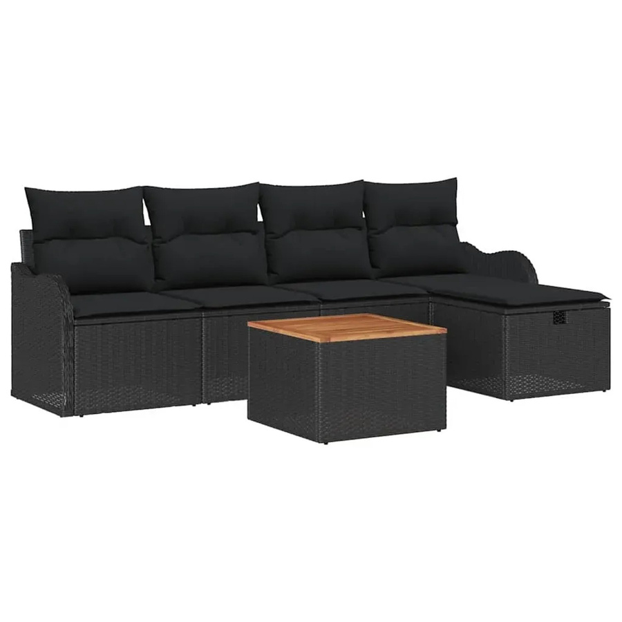 vidaXL Garten-Sofa-Set aus Polyrattan in Schwarz, 6-teiliges L-Shape Lounge-Set mit Kissen, 3-Sitzer, 2-Sitzer, Ottoman und Couchtisch - Bild 2