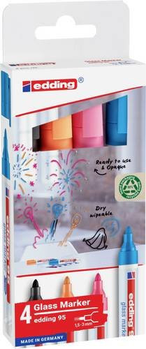 Edding 95 Glasmarker Set mit runder Spitze für Glasoberflächen und Whiteboards, 4er Set, Schwarz, Hellblau, Pink und Orange, Strichbreite 1,5-3 mm - Bild 1