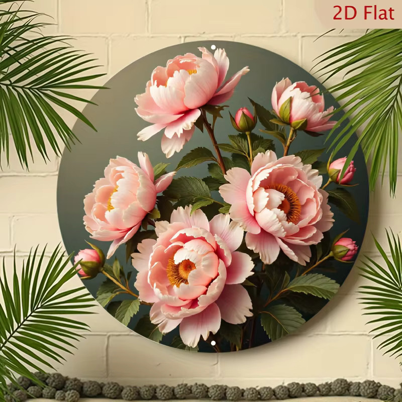 Potdemiel Elegante Pfingstrosen-Metallwandkunst – Rundes Aluminiumschild mit rosa Blumen und grünem Laub, klassische florale Wohndekoration, Durchmesser: 20 cm - Bild 2