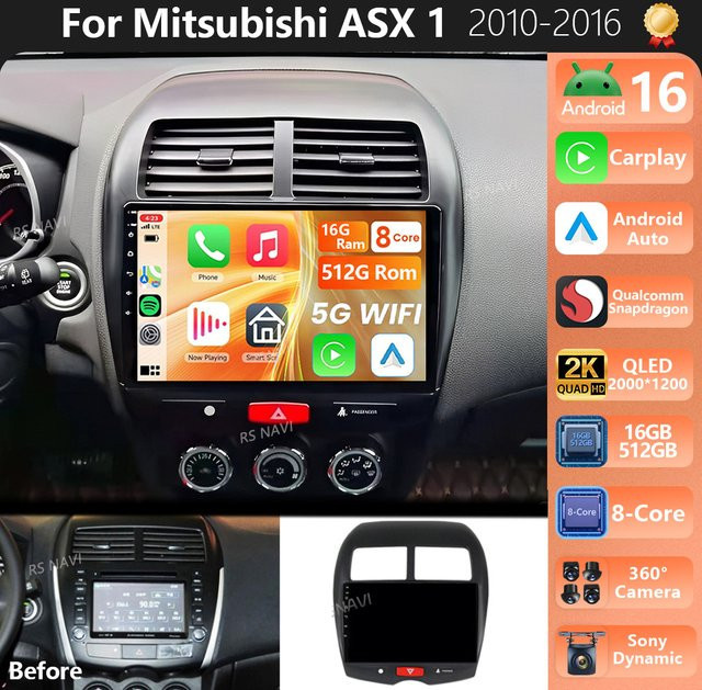 RSNAVI Android 16 Multimedia-Autoradio für Mitsubishi ASX 1 (2010 - 2016) mit 2K QLED Display, GPS, CarPlay und 4G in Schwarz - Bild 1