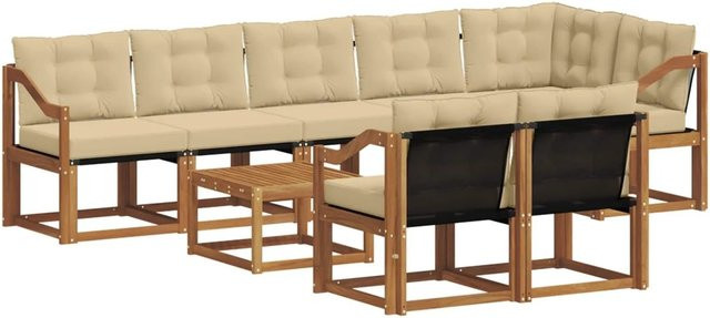 vidaXL Outdoor-Sofagarnitur aus Akazienholz und Textilene in Natur und Beige, 9-teiliges L-Shape Set mit Kissen und Armlehnen - Bild 1