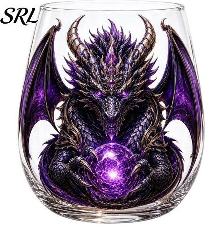 Mythic Glass Art Drachen Whiskyglas mit 3D-Skulptur und Kristallkugel, lila Tumbler für Bourbon und Cocktails, 400 ml