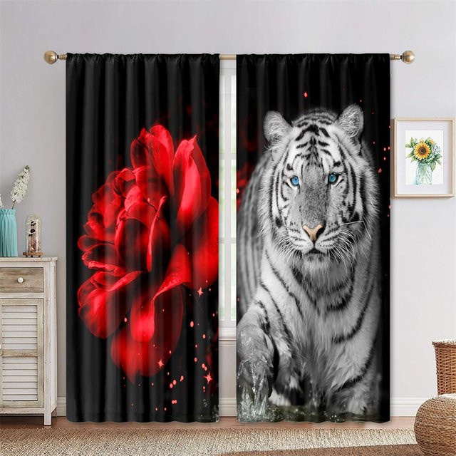 RDE Rose Tiger Animal Verdunkelungsvorhang Set, 2 Stück, Pink/Mehrfarbig, B: 50 cm, H: 130 cm - Bild 1
