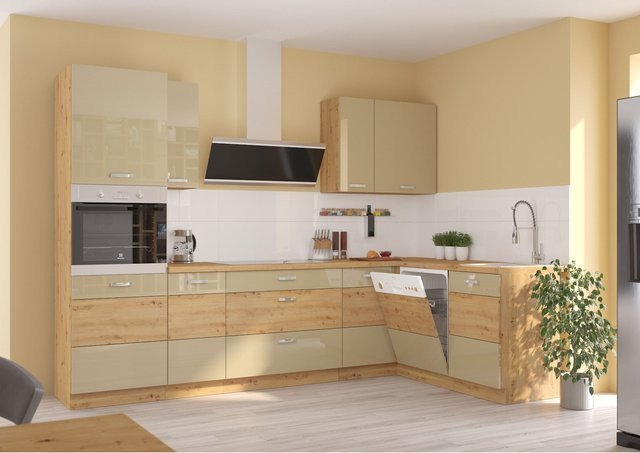 Moderne Eckküche in Eiche Artisan und Cappuccino Beige mit Hochglanz-Finish - Bild 1