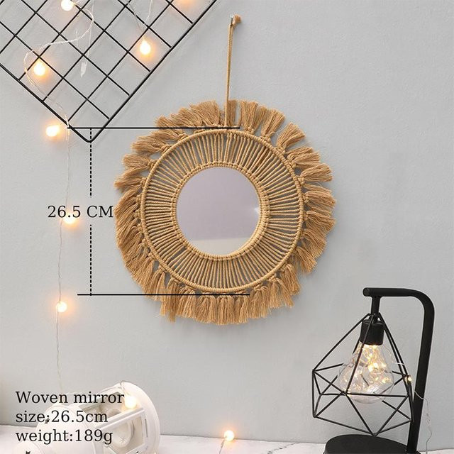 Runder Wandspiegel im Boho-Stil mit handgefertigtem Makramee Dekor in Beige - Bild 1