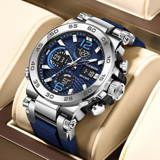 LIGE Armbanduhr, Quarz, Edelstahl, Blau, Silber, Herren, 46 mm - Bild 1