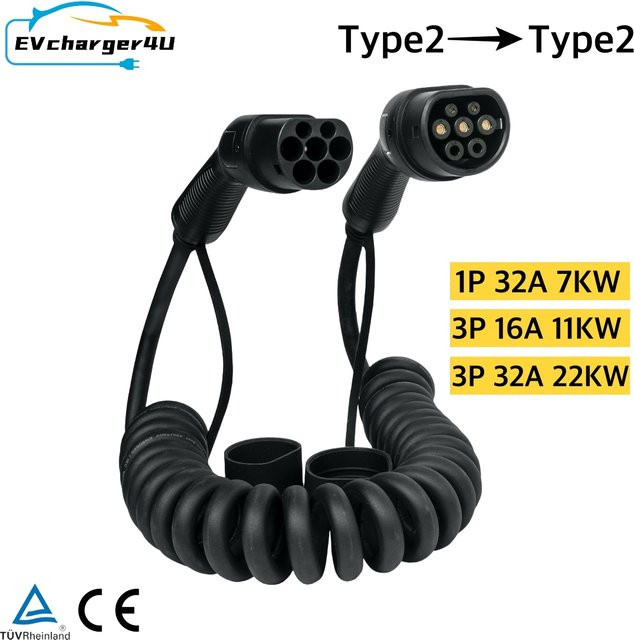 NexEV Typ-2-zu-Typ-2 Spiralkabel für Elektrofahrzeuge, 1-phasig/3-phasig, 16A/32A, 7KW/11KW/22KW, Buchse auf Stecker, 5m, Schwarz - Bild 1