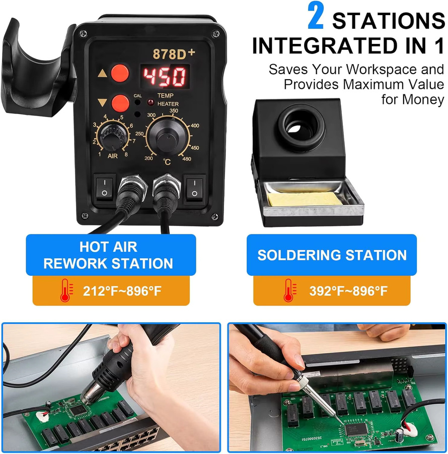 GECOFEER 878D 2-in-1 Lötstation mit Heißluftgebläse und LCD-Digitalanzeige, elektrischer Lötkolben als Schweiß- und Rework-Station in Schwarz - Bild 5