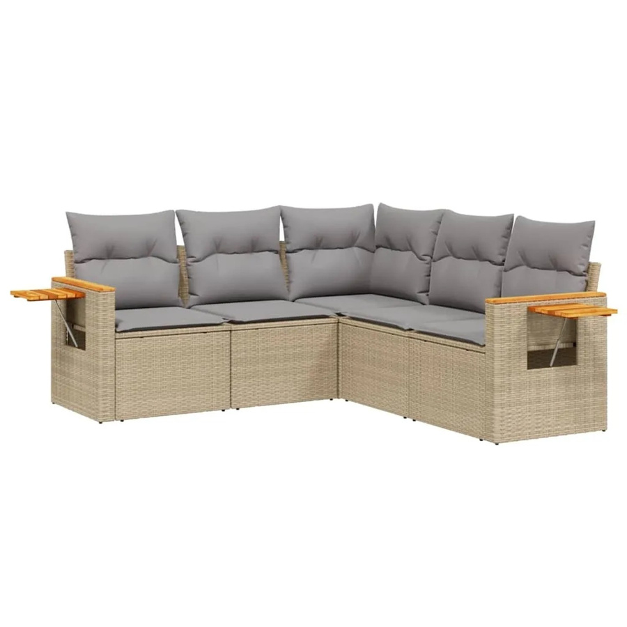 vidaXL 5-tlg Garten-Sofagarnitur in L-Form aus Poly-Rattan und Akazienholz mit Kissen in Beige - Bild 2