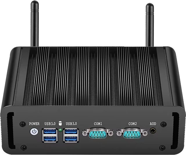 YCSD Lüfterloser Industrie-Mini-PC mit Intel N100, 2x Ethernet, 2x COM RS232/485, 6x USB, 4G LTE SIM-Karte und WLAN in Schwarz - Bild 1
