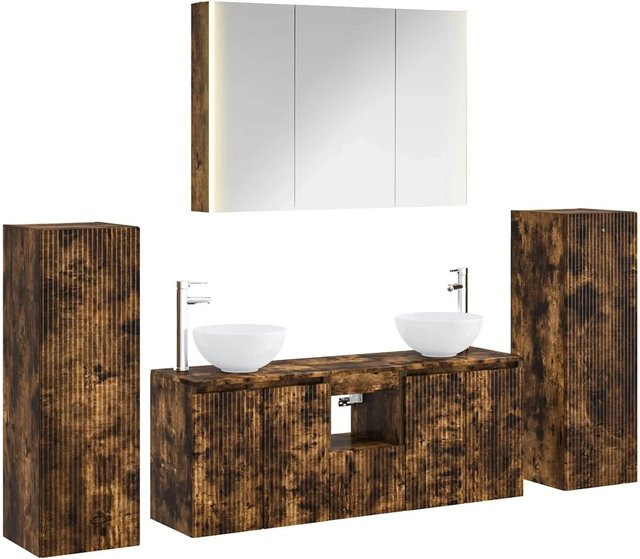 vidaXL Badezimmermöbel-Set 6-teilig in Geräucherte Eiche, Modernes Design mit Waschtischunterschrank, Spiegelschrank und LED-Beleuchtung, Braun Matt - Bild 1