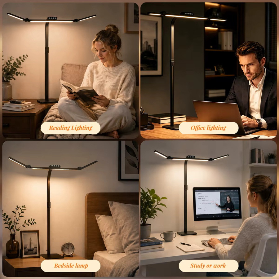 Dimmbare Dreikopf-LED-Tischleuchte in Schwarz mit Sockel und Klemme, Augenschonende Schreibtischlampe mit 5 Farbmodi, Zeitschaltuhr und verstellbarem Winkel für Home-Office und Dual-Monitor-Setups - Bild 8