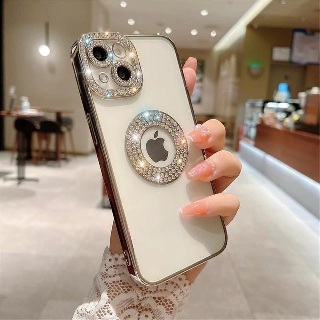 Yiran Handyhülle mit Diamant-Glitzer und Vergoldung für iPhone 16 Pro Max 15 14 13 12 11 Plus aus Silikon in Grau - Bild 1
