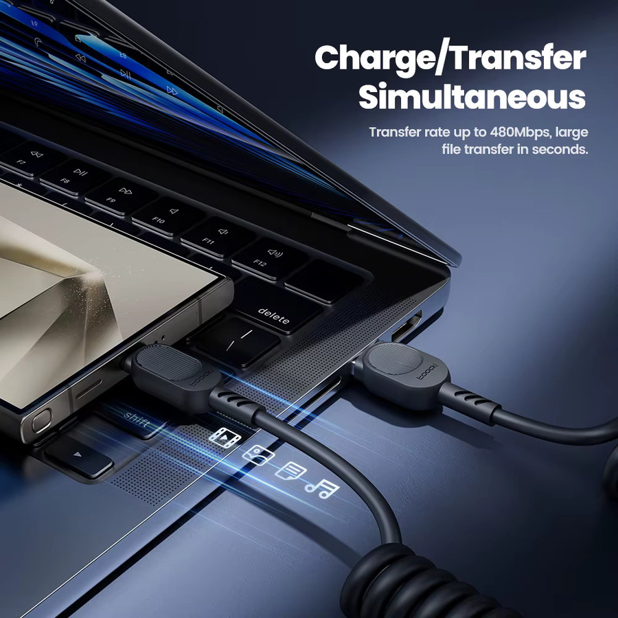 Toocki USB-C-Kabel 6A mit TPU-Federfunktion, einziehbares USB-auf-Typ-C-Datenkabel für PD Schnellladen, Schwarz - Bild 3