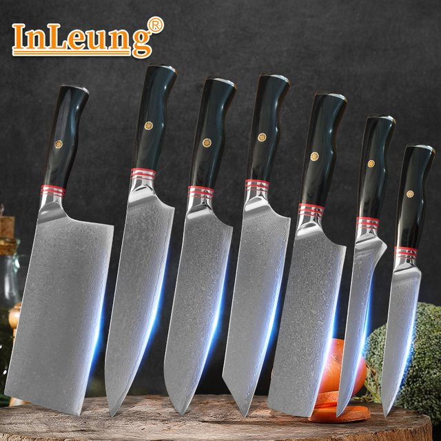 InLeung 7-teiliges Profi Küchenmesser-Set aus japanischem Damaszener Stahl in Schwarz - Bild 1