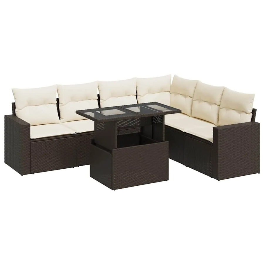 vidaXL 7-teilige Garten-Sofagarnitur in L-Form aus braunem Poly-Rattan mit cremeweißen Kissen und pulverbeschichtetem Stahlgestell - Bild 2