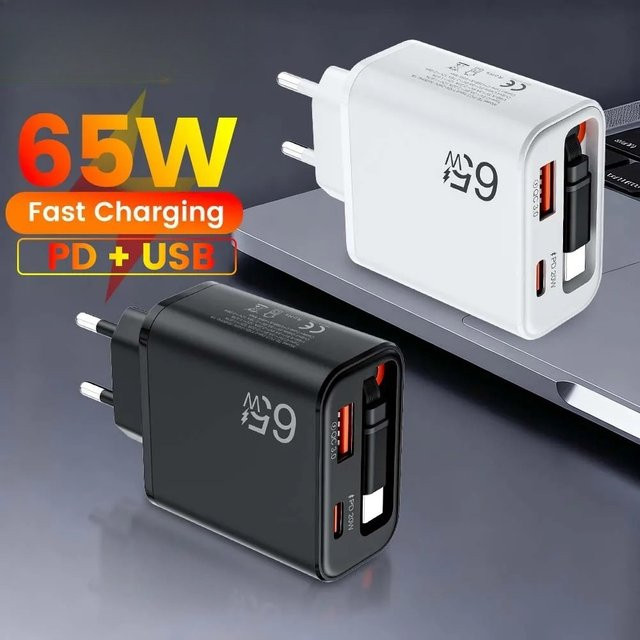 65W USB-C Wandladegerät mit einziehbarem Super-Schnellladekabel in Schwarz für iPhone, POCO und Xiaomi mit QC 3.0 und USB PD Unterstützung - Bild 1