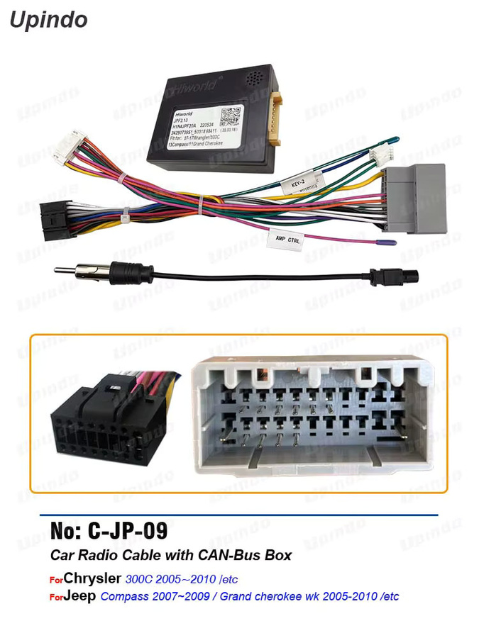 Upindo Android Car Radio Kabelbaum und CAN Bus Adapter für Chrysler 300C sowie Jeep Compass und Cherokee WK in Schwarz - Bild 1