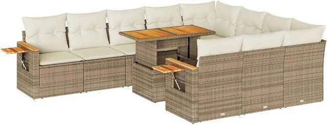vidaXL 11-teilige Garten-Sofagarnitur in L-Form aus Polyrattan und Akazie mit Kissen, Beige - Bild 1