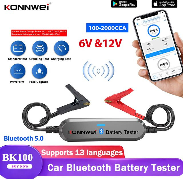 KONNWEI BK100 Bluetooth 5.0 Batterie Tester für Auto und Motorrad 12V mit 100-2000 CCA Monitor in Schwarz - Bild 1