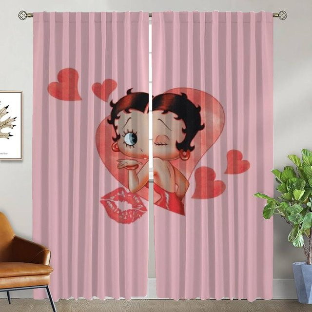 Betty Boop Tüll-Vorhänge für Kinderzimmer und Schlafzimmer, 2er-Set, Farbe: Pink, Breite: 50 cm, Höhe: 70 cm - Bild 1