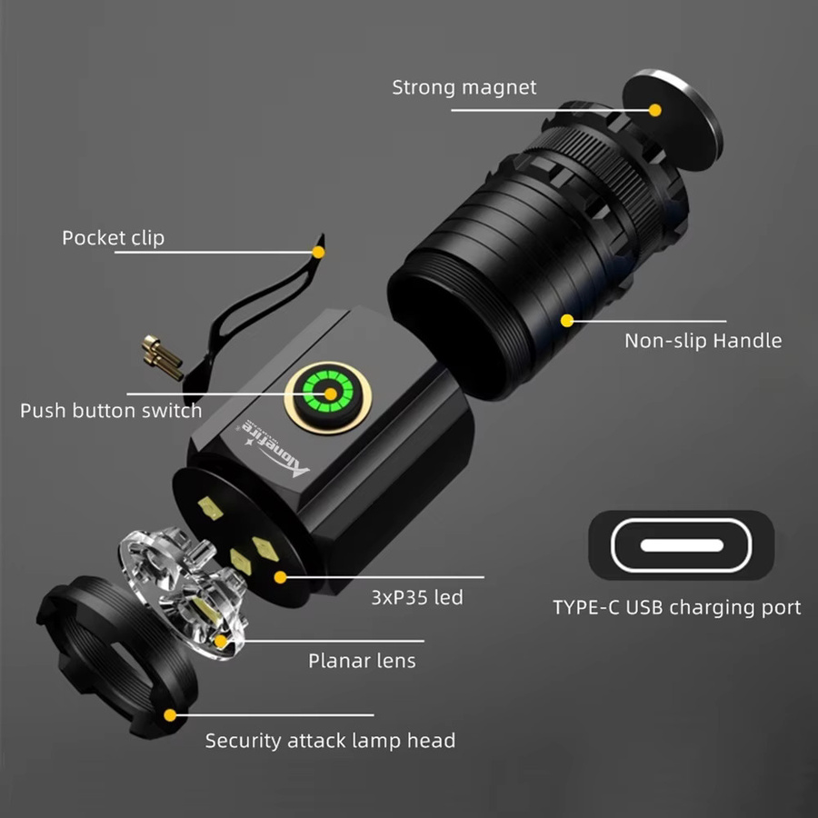Alonefire 3-LED Mini Hochleistungs-Taschenlampe in Schwarz, USB wiederaufladbar mit Magnet und Aluminiumgehäuse - Bild 3