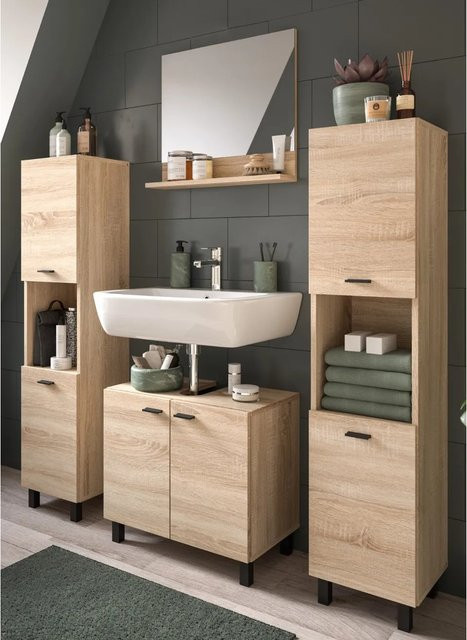 Inn.Furn Badmöbel-Set Lowell 4-teilig in Eiche matt, hängend oder stehend, Braun/Schwarz - Bild 1