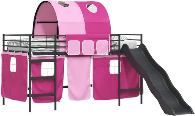 vidaXL Kinder-Etagenbett aus Metall in Schwarz und Pink mit Hausrahmen, B/T/H: 205 x 90 x 116 cm - Bild 1