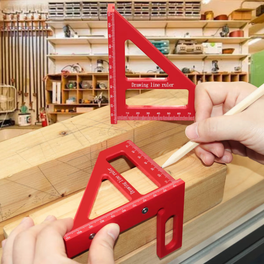 FNICEL Multi-Winkel-Lineal als Präzisionsmesswerkzeug für Holzbearbeitung und Zeichnung, 45°/90° Winkelmesser und Quadrat aus Kunststoff, Schwarz-Rot - Bild 2