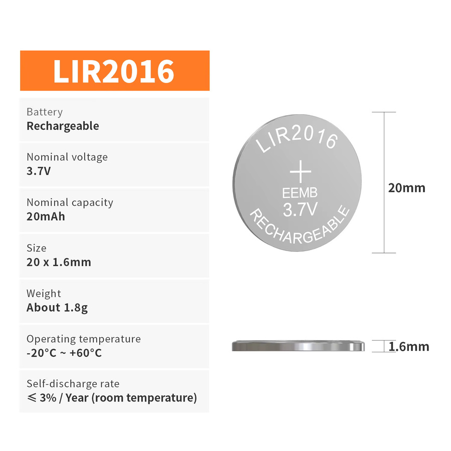 EEMB LIR2016 Wiederaufladbares Batterie-Set 3,7V Lithium-Ionen-Batterie für Uhren, Taschenrechner und Kerzenlichter mit Ladegerät - Bild 2