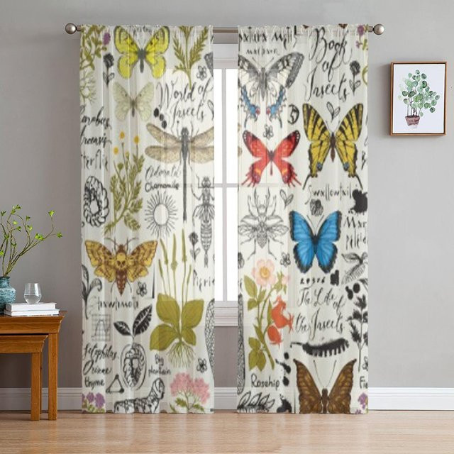 Super Six Transparenter Tüll-Fenstervorhang mit abstraktem Insekten- und Heilkräuter-Motiv im Retro-Design, Farbe: Weiß/Mehrfarbig, Breite: 135 cm, Höhe: 114 cm - Bild 1