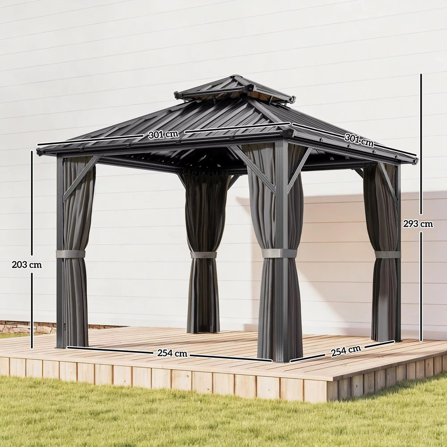 Outsunny Pavillon mit Aluminium-Rahmen und Doppel-Stahlblech-Dach in Grau, B/T: 300 x 300 cm, UPF50+ mit Vorhängen und Moskitonetzen - Bild 4