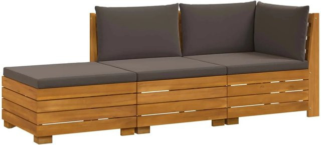 vidaXL Outdoor-Sofagarnitur aus Massivholz Akazie in Braun, 3-teiliges L-Shape Set mit Kissen und Hocker - Bild 1