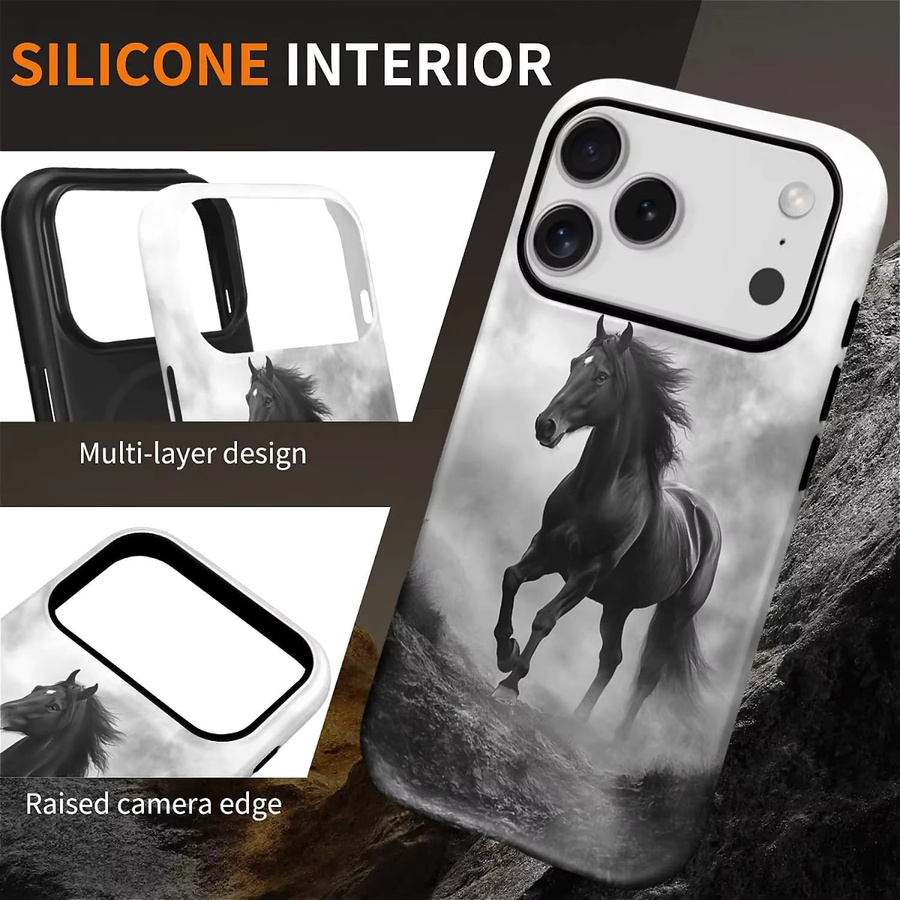 Mairuige Handyhülle Black Horse Running Misty Mountains Hybrid Dual-Layer Hard Shell stoßfest in Schwarz und Gold für iPhone 17 16 15 14 13 12 Pro Max Plus - Bild 3