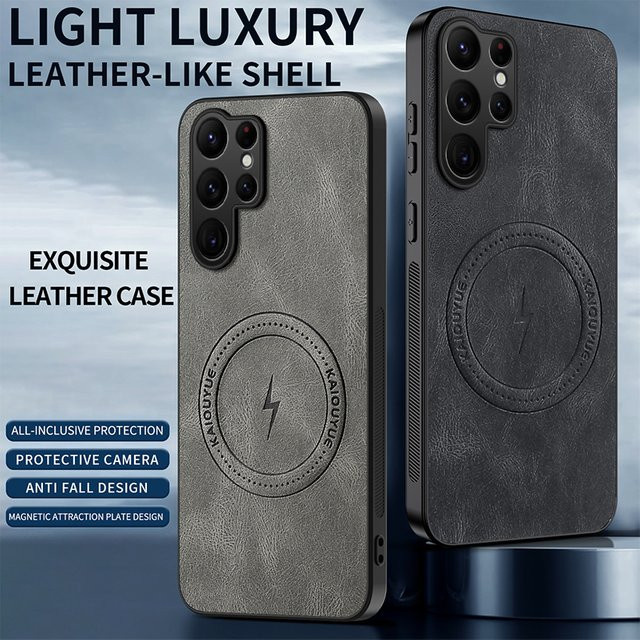 Magnetische MagSafe Schutzhülle aus PU Leder für Samsung Galaxy S25 S24 Ultra S23FE S22Plus S21 in Blau und Grau - Bild 1