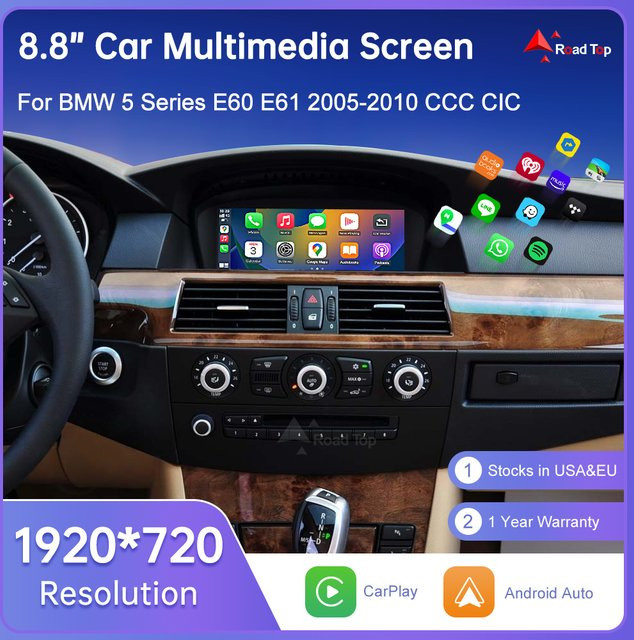 Road Top Drahtloser CarPlay und Android Auto Touchscreen Monitor für BMW 3er E90 E91 E92 E93 und 5er E60 E61 E63 in Schwarz - Bild 1