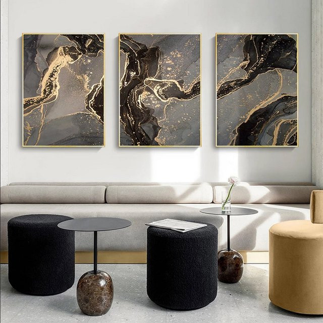 TPFLiving Luxus Poster Leinwand Set mit abstrakten Strukturen in Gold, Schwarz und Grau, 3er Set ohne Rahmen, Breite: 40 cm, Höhe: 50 cm - Bild 1