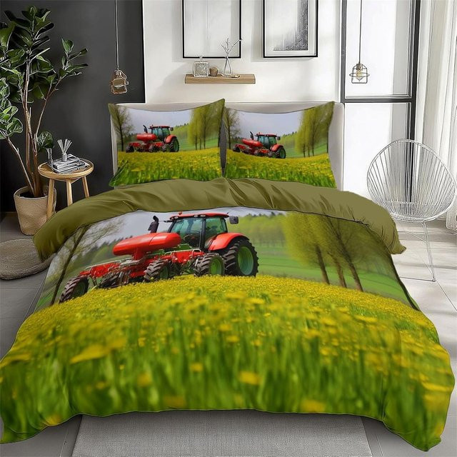 Flylo Bettwäsche-Set mit Grüner Traktor Muster 3D-Druck aus Mikrofaser, bestehend aus Deckenbezug und Kissenbezügen, Farbe: Grün, B/T: 135 x 100 cm - Bild 1