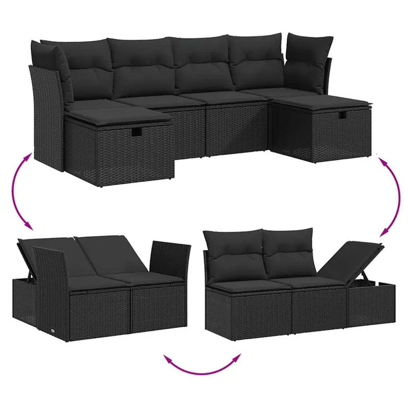 vidaXL 6-tlg Garten-Sofagarnitur aus Poly-Rattan in Schwarz mit Sitzkissen und Stauraum - Bild 2