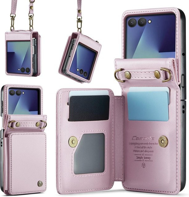 Samsung Galaxy Z Flip7 Geldbörsen-Handyhülle aus weichem PU-Leder in Pink mit Kartensteckplatz, Handschlaufe, Schultergurt und Ständerfunktion - Bild 1