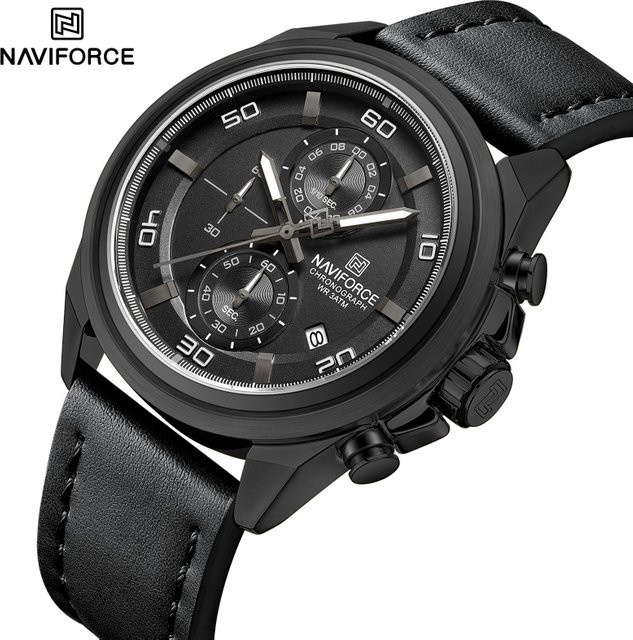 NAVIFORCE Armbanduhr Chronograph, Quarz, Lederarmband, Herren, Schwarz - Bild 1